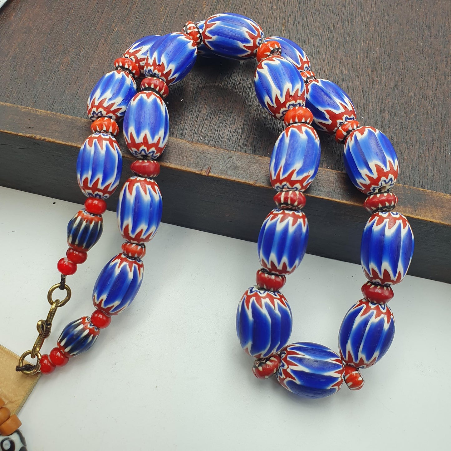 Blue chevron beads vintage old african glass beads long strand 16-20mm gift