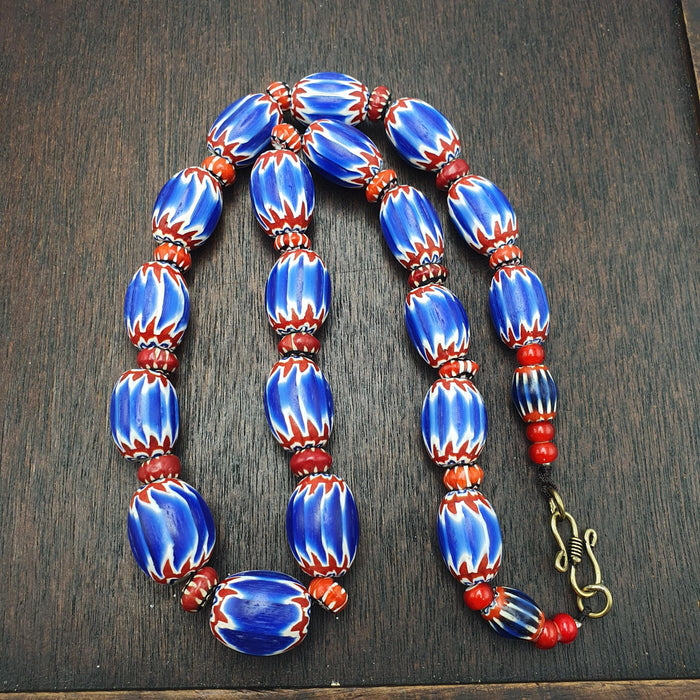Blue chevron beads vintage old african glass beads long strand 16-20mm gift