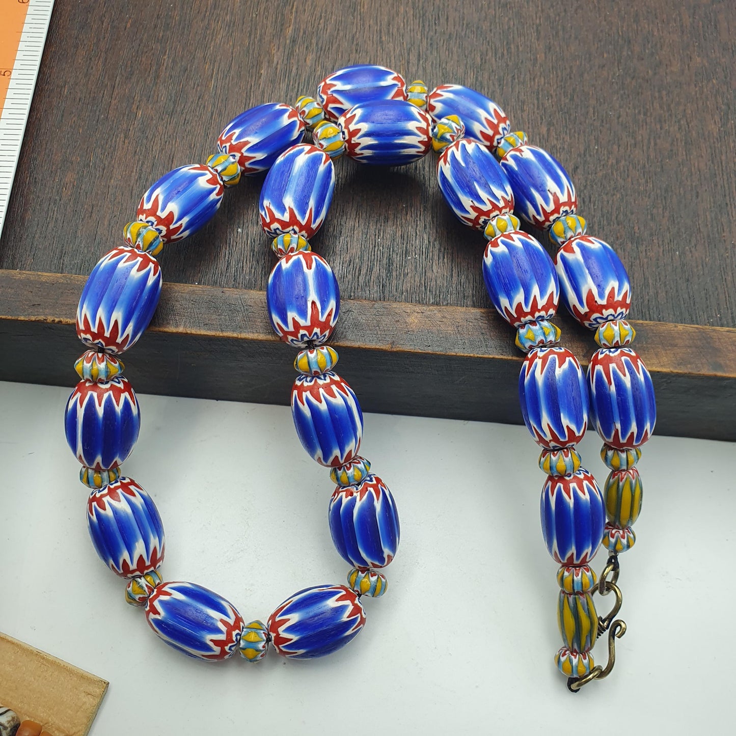 Blue chevron beads vintage old african glass beads long strand 16-15mm gift