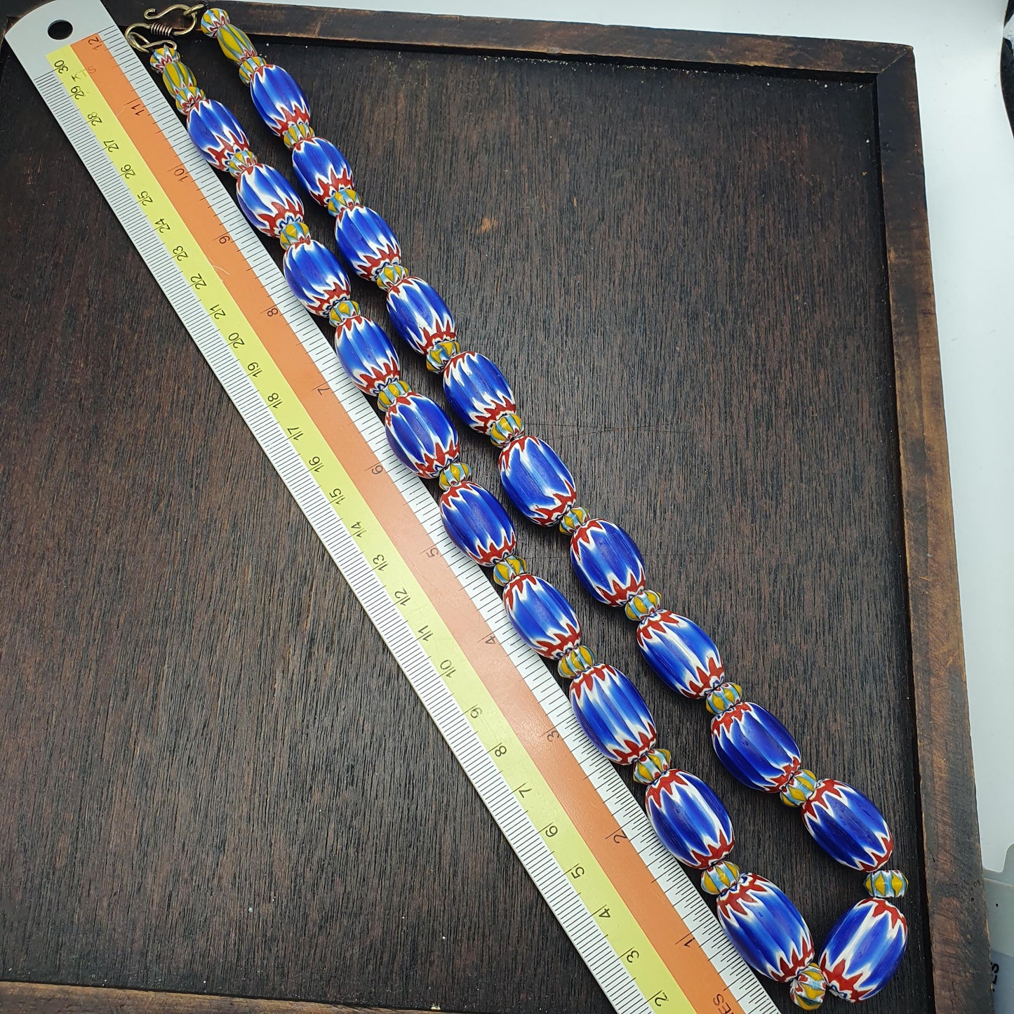 Blue chevron beads vintage old african glass beads long strand 16-15mm gift