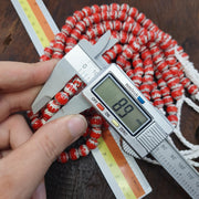 Red White Feathered, African Style Round Glass Bead Strand | Chevron Pattern, Textured Accents, 20 Inch