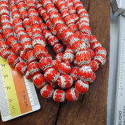 Red White Feathered, African Style Round Glass Bead Strand | Chevron Pattern, Textured Accents, 20 Inch