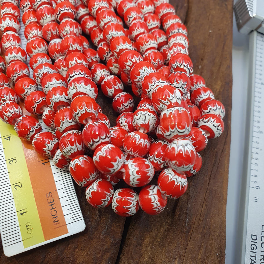 Red White Feathered, African Style Round Glass Bead Strand | Chevron Pattern, Textured Accents, 20 Inch