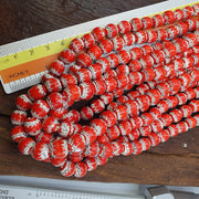 Red White Feathered, African Style Round Glass Bead Strand | Chevron Pattern, Textured Accents, 20 Inch