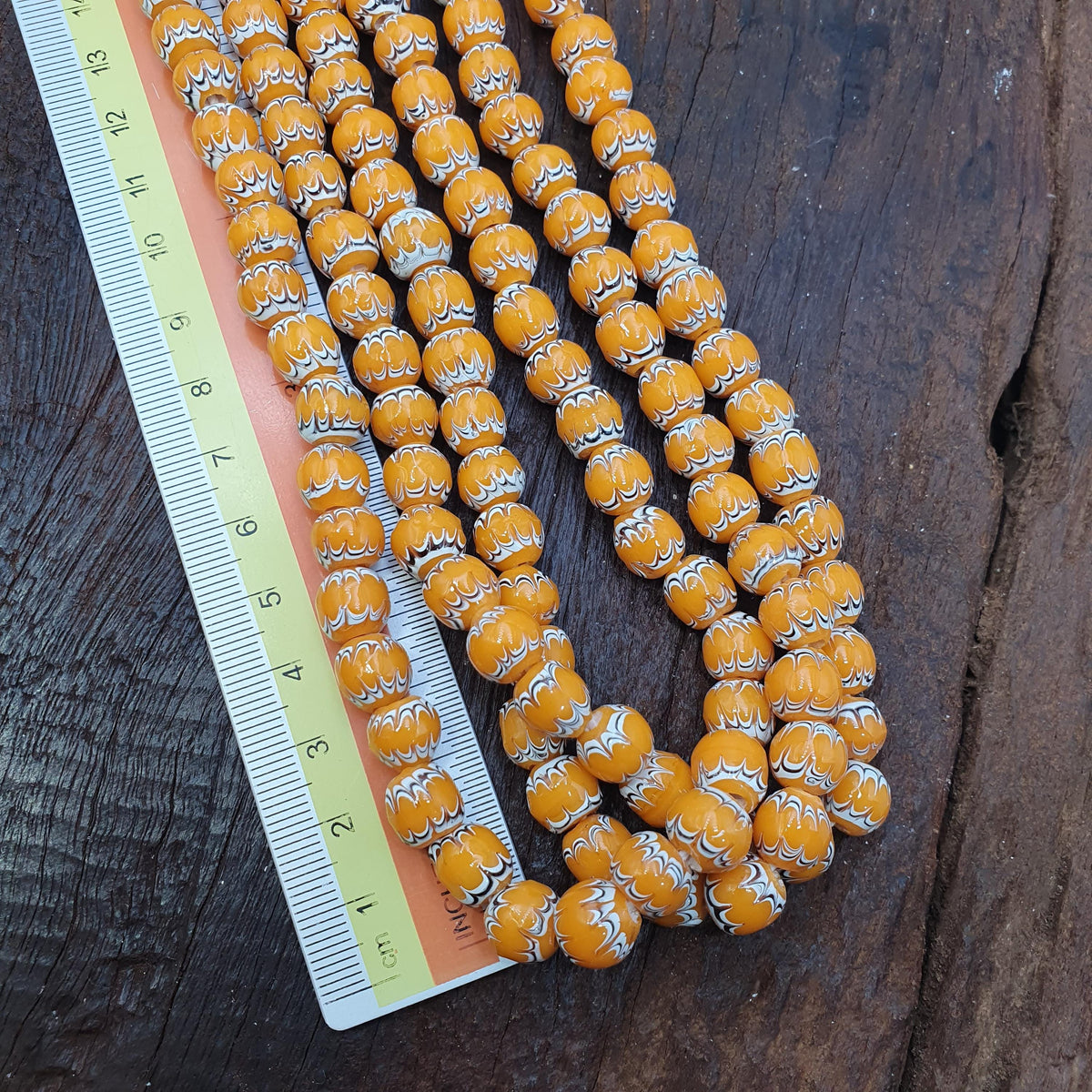 African Style Round, Feathered Chevron Bead Strand | Glass | 20 Inch, Yellow White, Jewelry Making