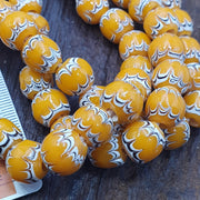 African Style Round, Feathered Chevron Bead Strand | Glass | 20 Inch, Yellow White, Jewelry Making