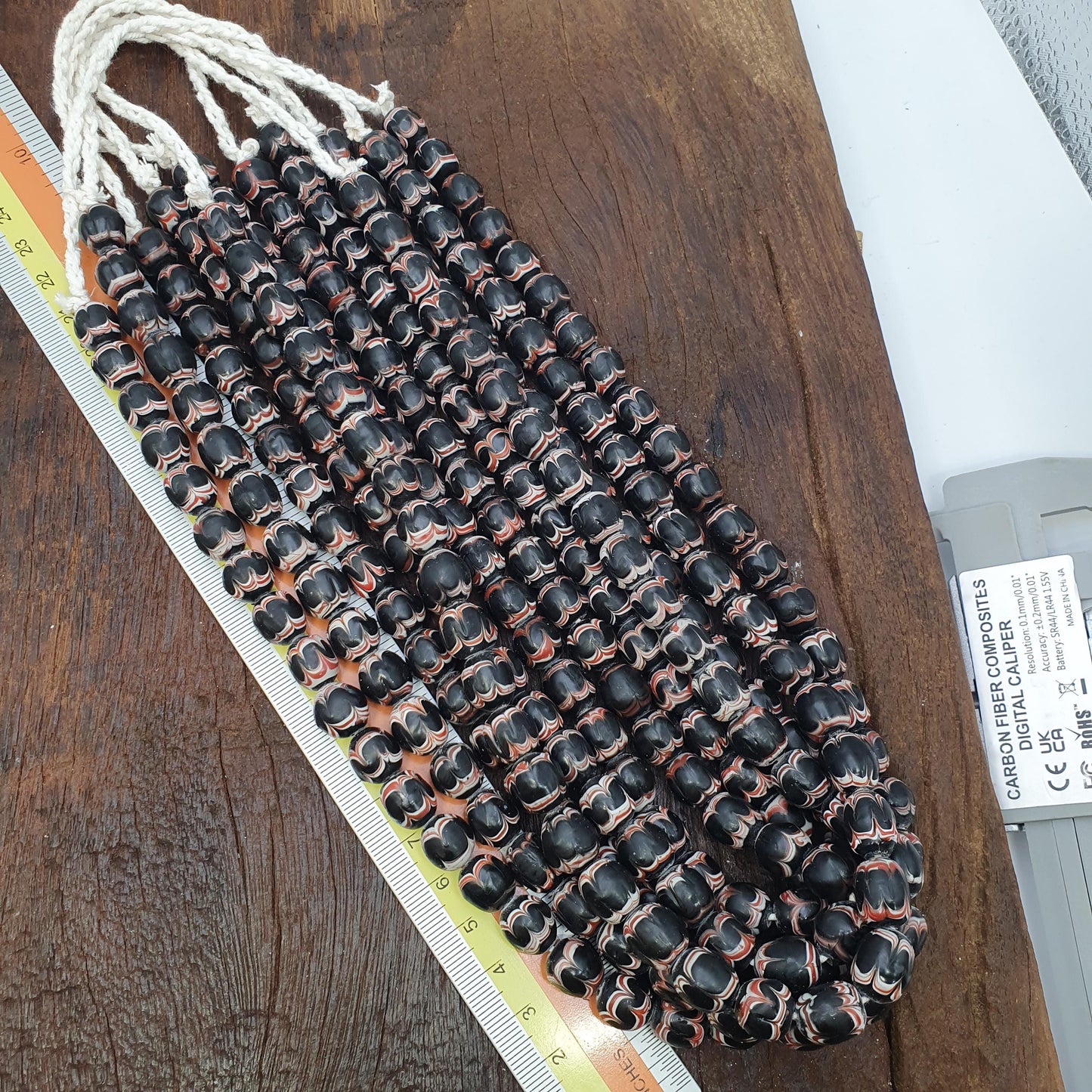 Black Red Feathered African Style Round Glass Chevron Pattern Beads Strand