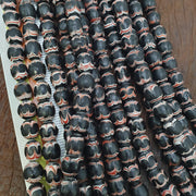 Black Red Feathered, African Style Round Chevron Necklace | Venetian Inspired Glass | 20-Inch Strand, 9-9.5mm