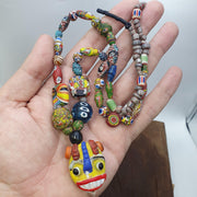 Rare Venetian Styl Face Bead Necklace - Millefiori Mosaic Glass Trade Beads - 26 inches Handmade Artisan Lampwork Jewelry