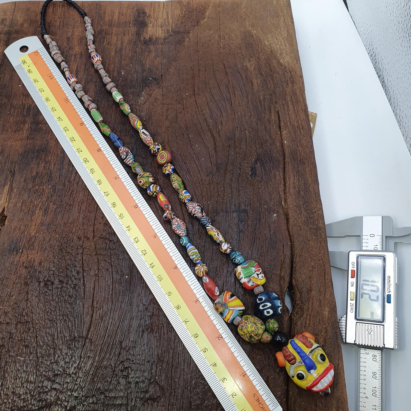 Rare Venetian Styl Face Bead Necklace - Millefiori Mosaic Glass Trade Beads - 26 inches Handmade Artisan Lampwork Jewelry
