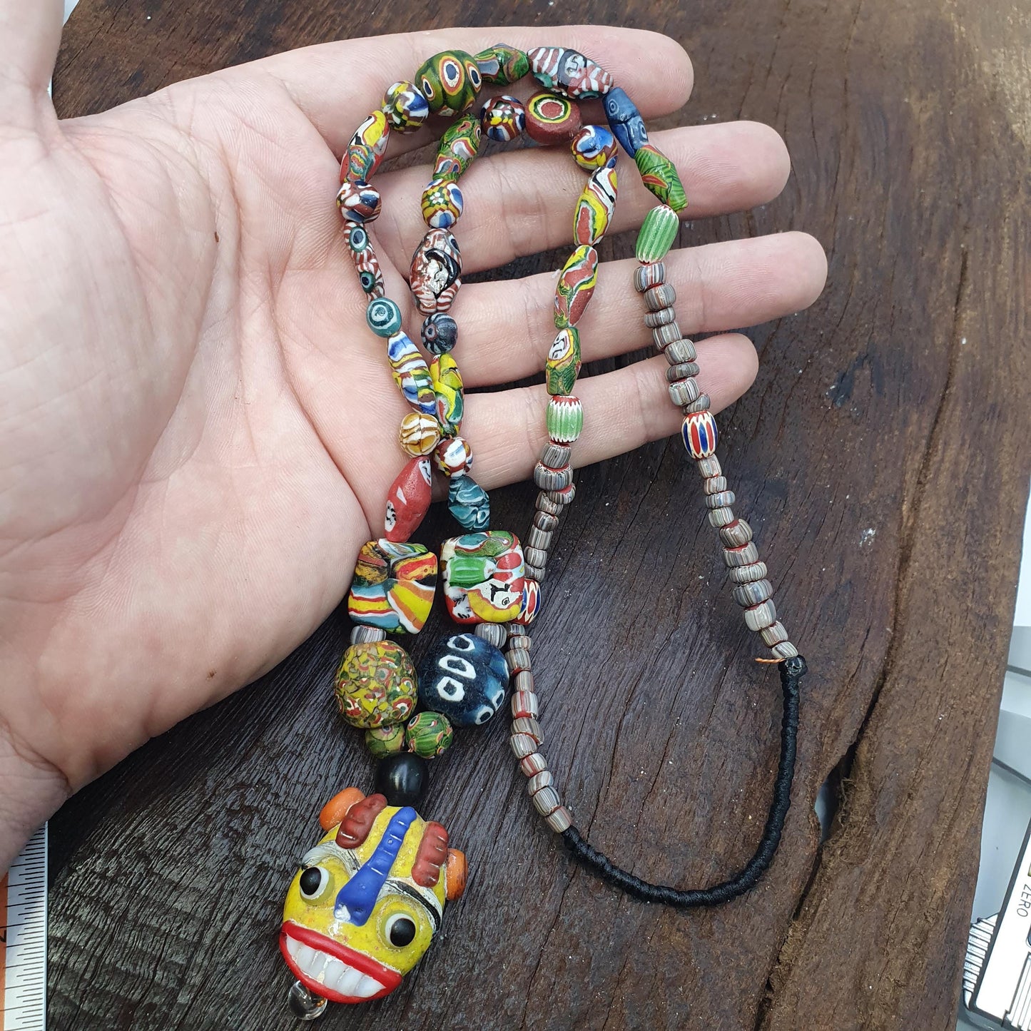 Rare Venetian Styl Face Bead Necklace - Millefiori Mosaic Glass Trade Beads - 26 inches Handmade Artisan Lampwork Jewelry