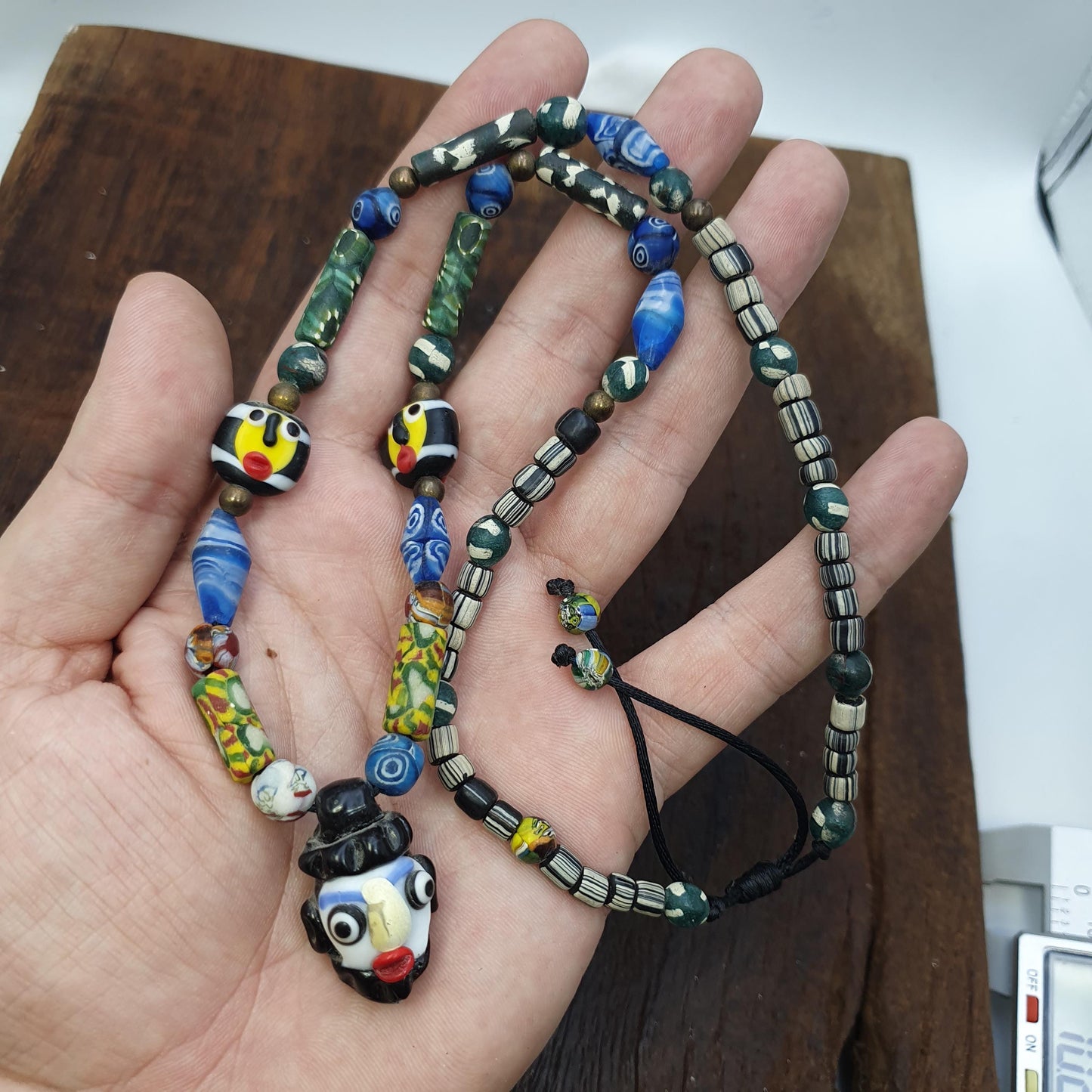 Rare Venetian Styl Face Bead Necklace - Millefiori Mosaic Glass Trade Beads - 24 inches Handmade Artisan Lampwork Jewelry