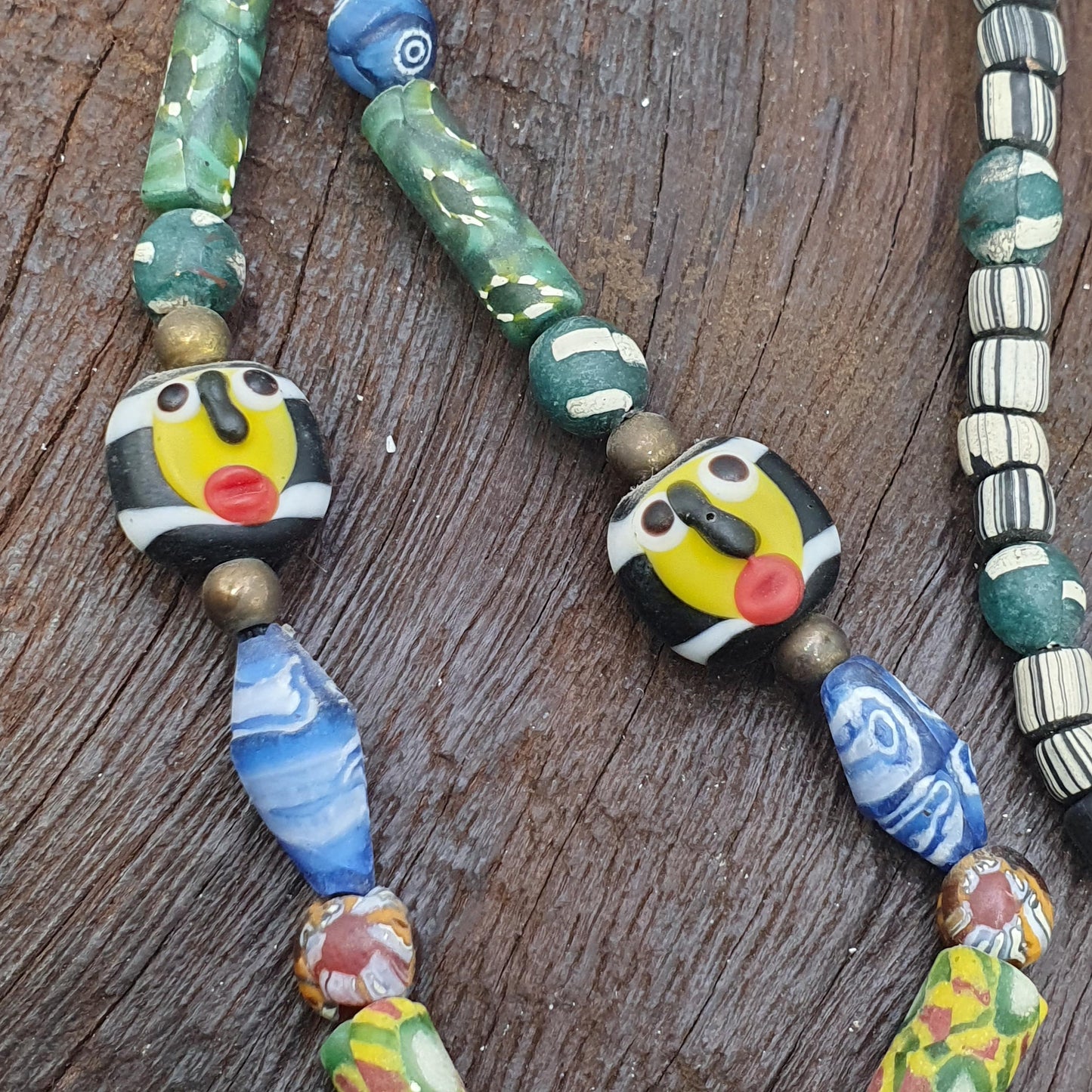 Rare Venetian Styl Face Bead Necklace - Millefiori Mosaic Glass Trade Beads - 24 inches Handmade Artisan Lampwork Jewelry