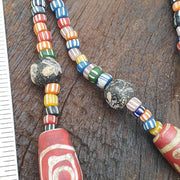 Colorful African Trade Bead Necklace, Hand Painted Tubular Glass Jewelry, Tribal Statement Necklace, Earthy Boho Style