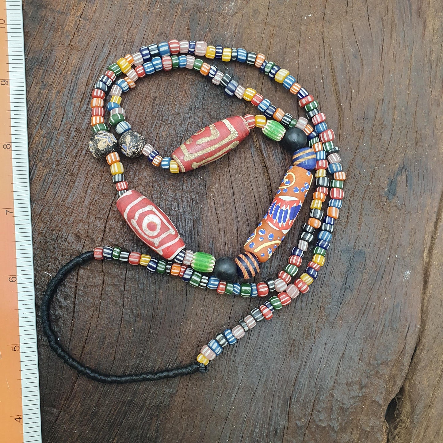 Colorful African Trade Bead Necklace, Hand Painted Tubular Glass Jewelry, Tribal Statement Necklace, Earthy Boho Style