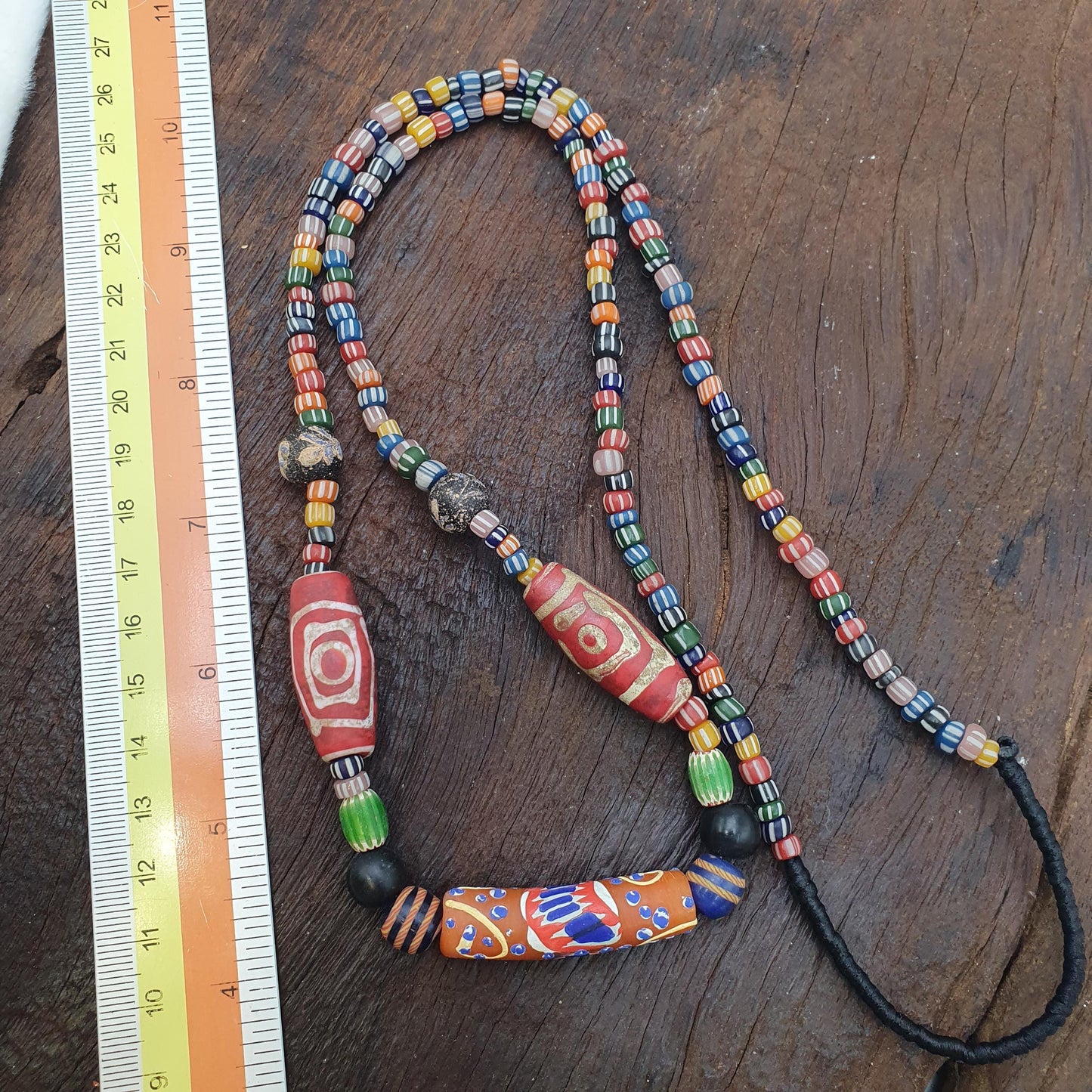 Colorful African Trade Bead Necklace, Hand Painted Tubular Glass Jewelry, Tribal Statement Necklace, Earthy Boho Style