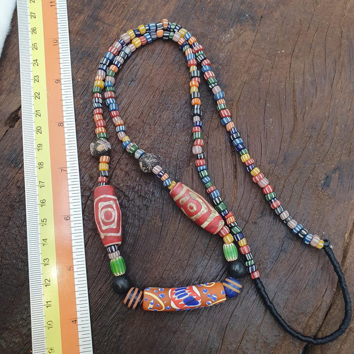 Colorful African Trade Bead Necklace, Hand Painted Tubular Glass Jewelry, Tribal Statement Necklace, Earthy Boho Style