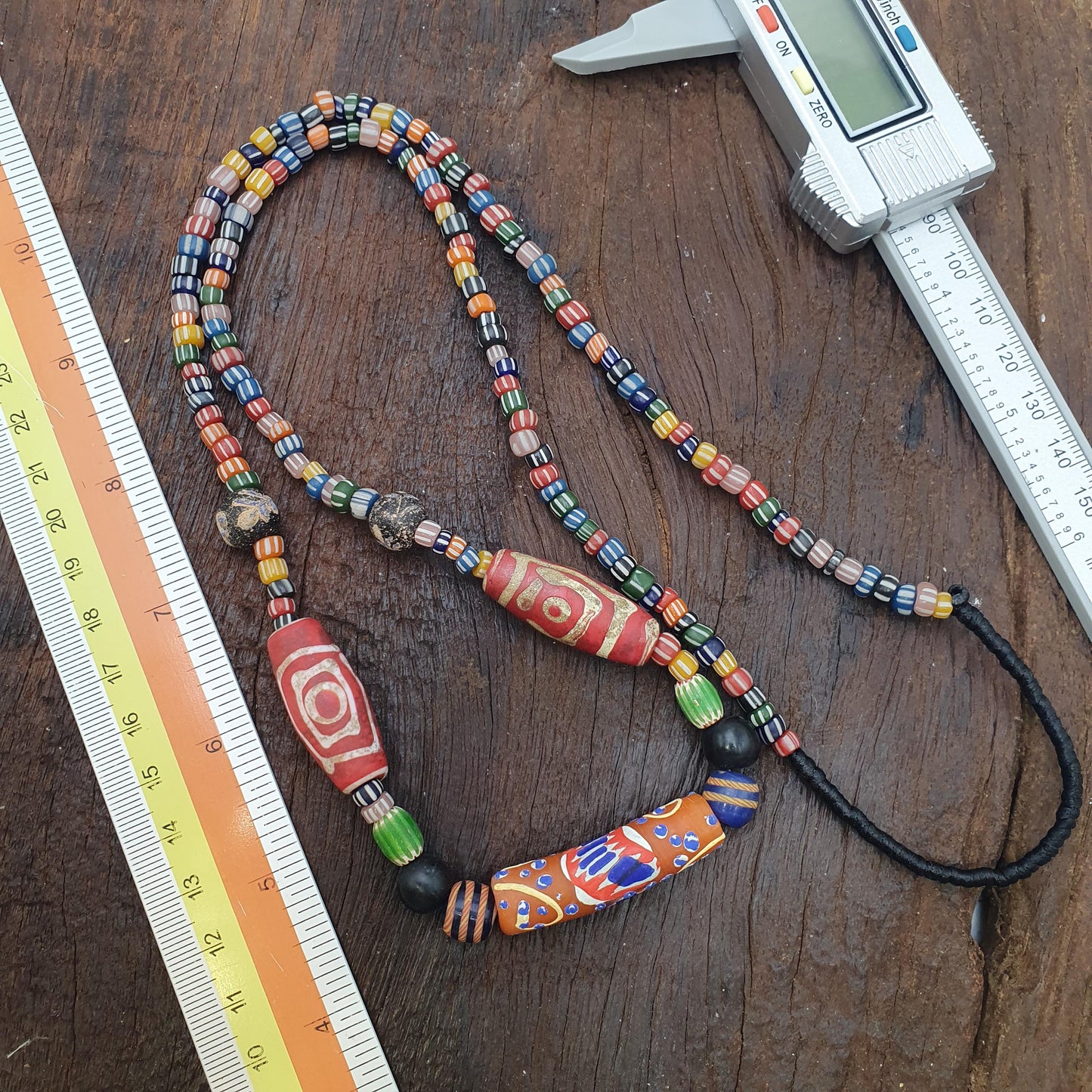 Colorful African Trade Bead Necklace, Hand Painted Tubular Glass Jewelry, Tribal Statement Necklace, Earthy Boho Style