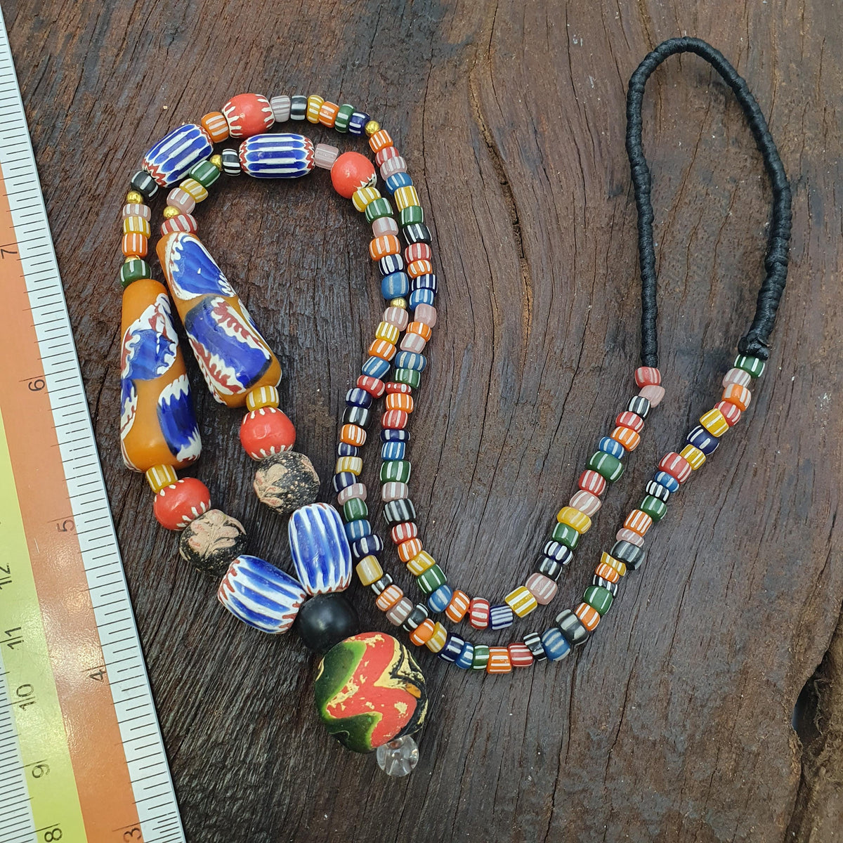African Style Bead Necklace with Millefiori Glass Pendant, Tribal Style Artisan Jewelry for Boho Lovers