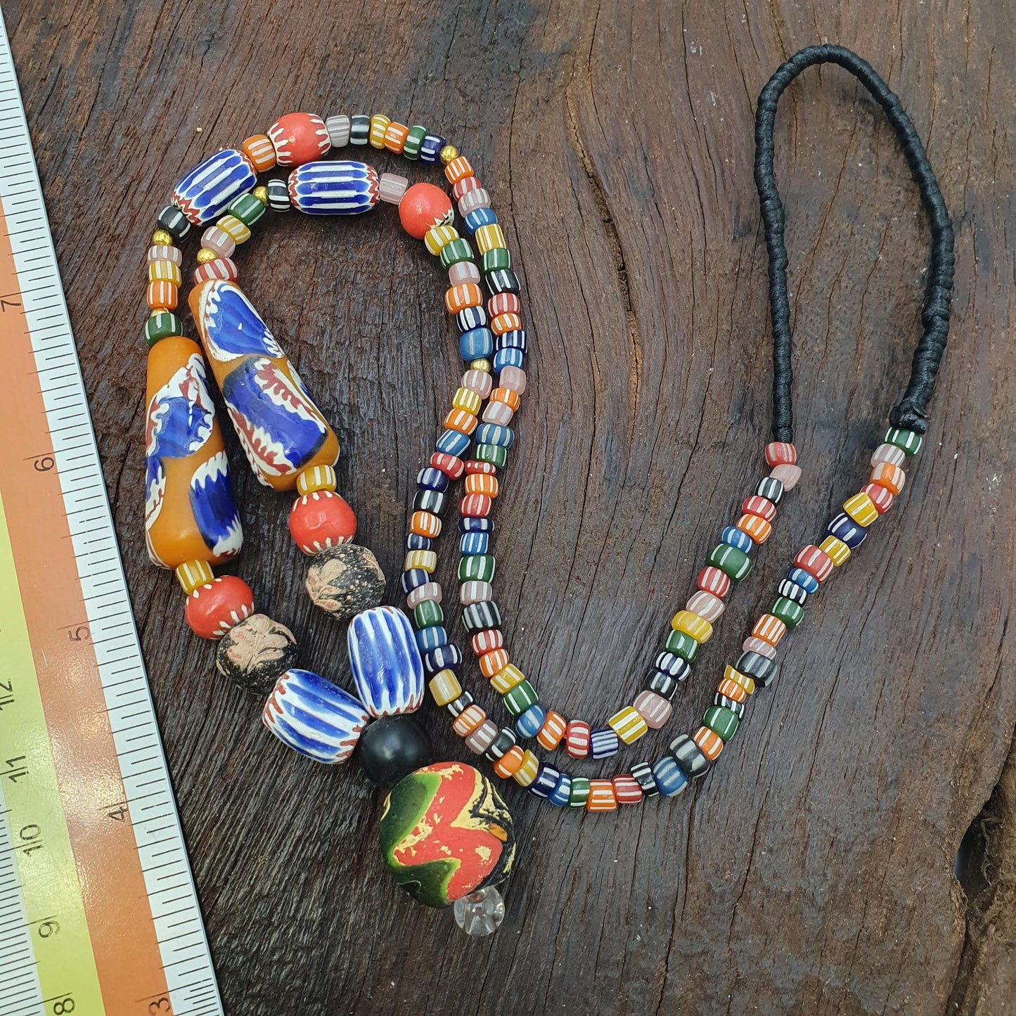 African Style Bead Necklace with Millefiori Glass Pendant, Tribal Style Artisan Jewelry for Boho Lovers