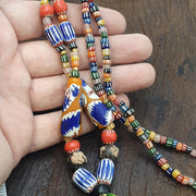 African Style Bead Necklace with Millefiori Glass Pendant, Tribal Style Artisan Jewelry for Boho Lovers