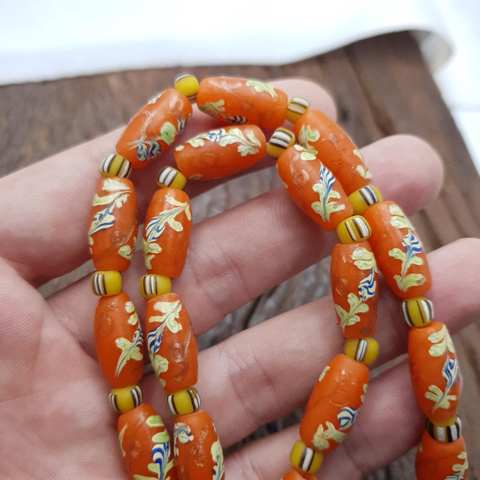 Vintage Style Orange Floral Trade Bead Necklace - Venetian Lampwork Glass Flower Beads - Artisan Boho Statement Jewelry - Handmade Gift