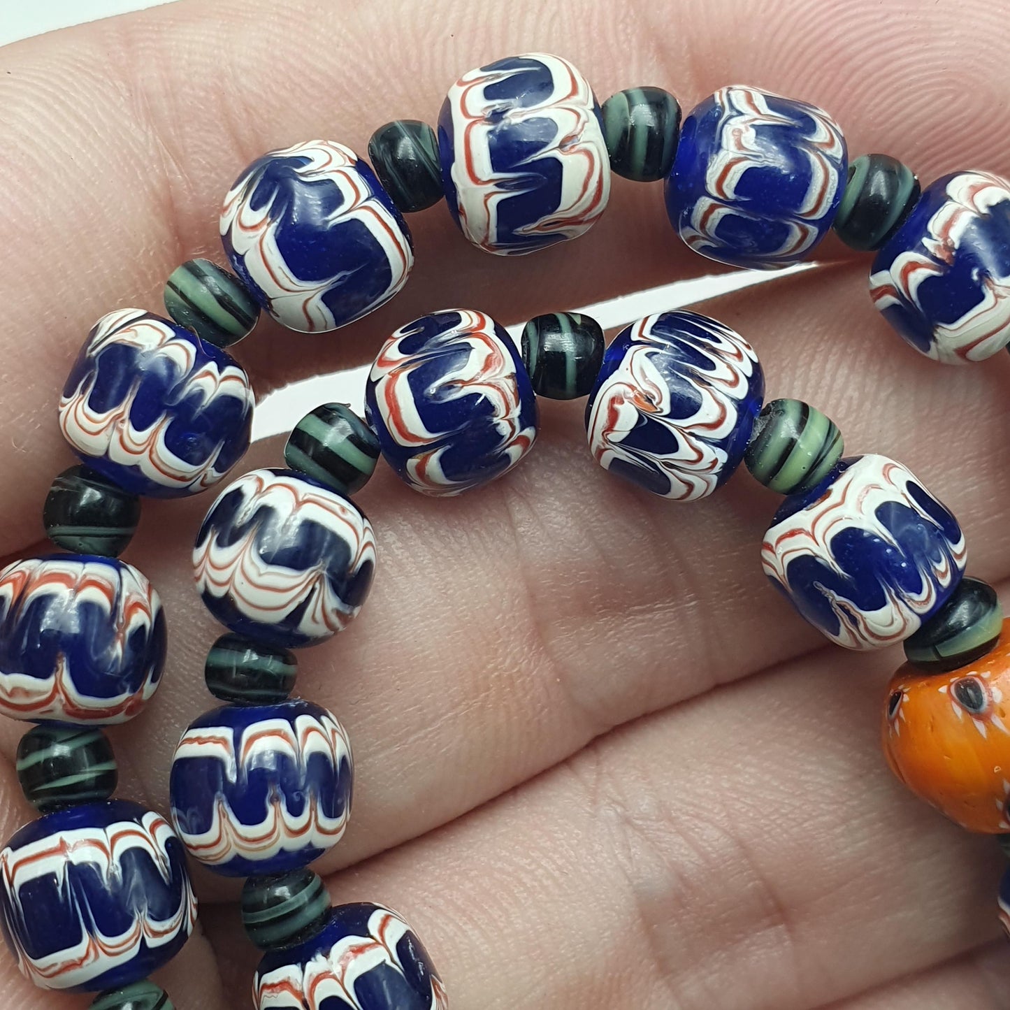 Rare Venetian Style Chevron  Bead Necklace with Glass Clown Face Beads - Blue Murano Millefiori Zig Zag Beads - Collectible Artisan Jewelry