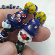 Rare Venetian Style Chevron  Bead Necklace with Glass Clown Face Beads - Blue Murano Millefiori Zig Zag Beads - Collectible Artisan Jewelry