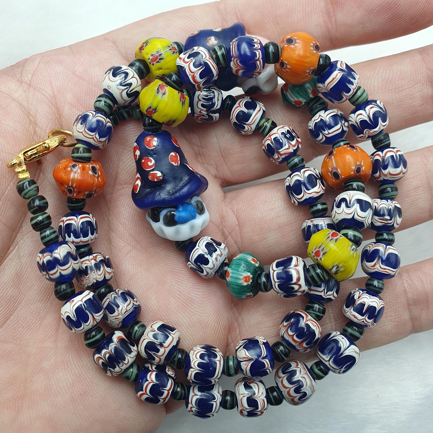 Rare Venetian Style Chevron  Bead Necklace with Glass Clown Face Beads - Blue Murano Millefiori Zig Zag Beads - Collectible Artisan Jewelry