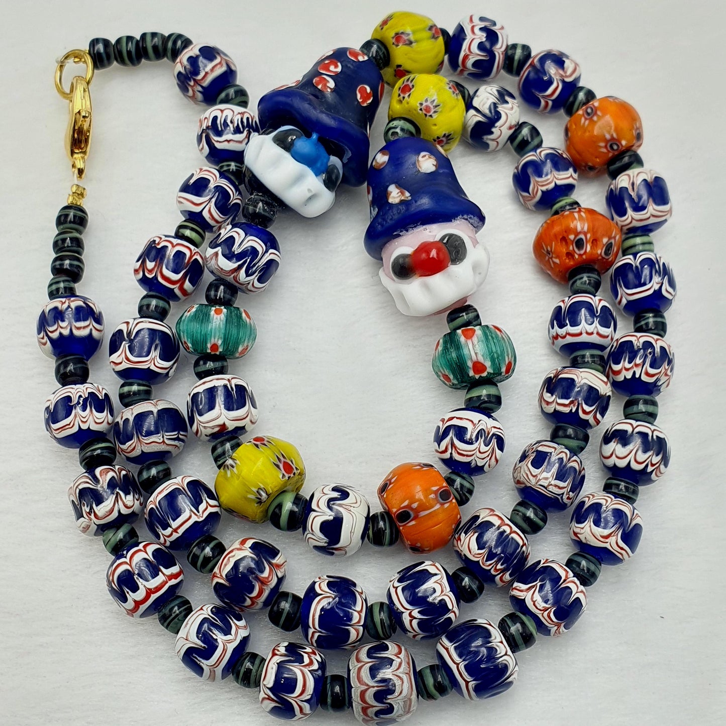 Rare Venetian Style Chevron  Bead Necklace with Glass Clown Face Beads - Blue Murano Millefiori Zig Zag Beads - Collectible Artisan Jewelry