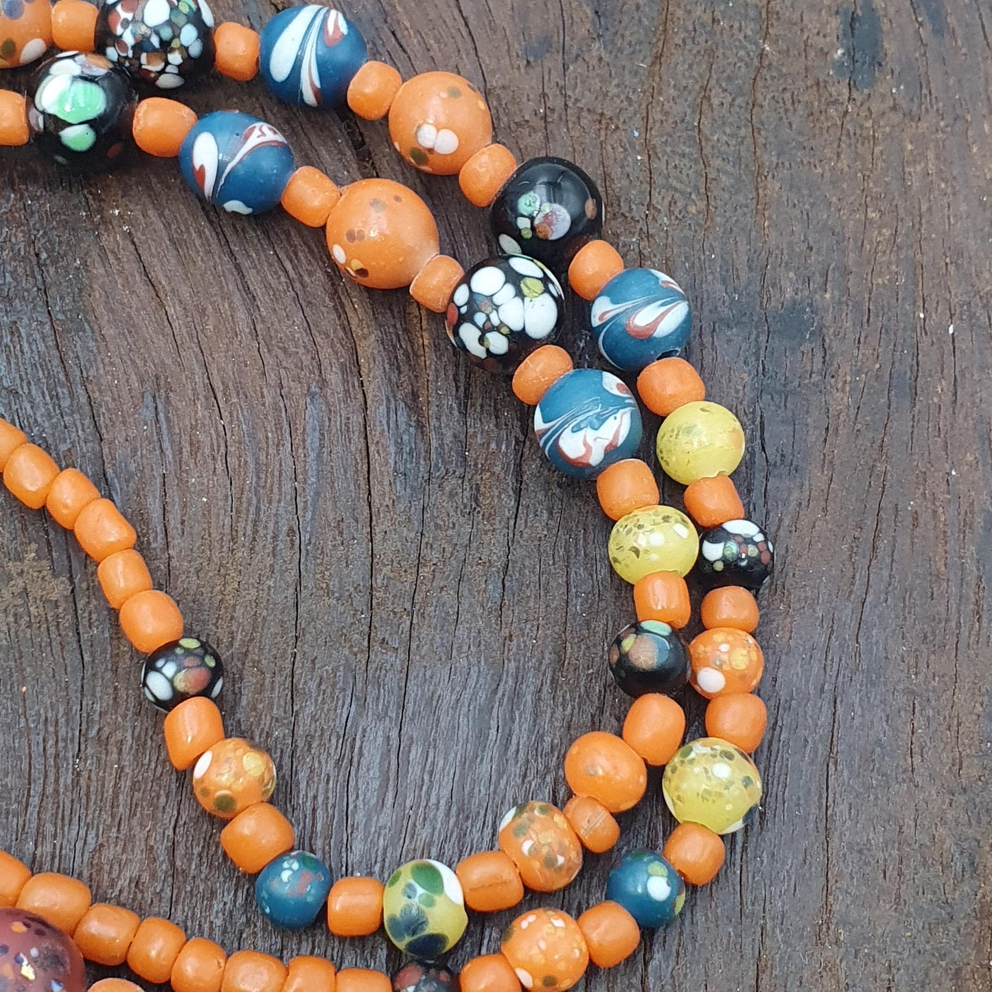 Polka Dot Glass Bead Necklace, Earthy Chevron Beads, Vibrant Orange Tribal Boho Jewelry, Unique Artisan Gift