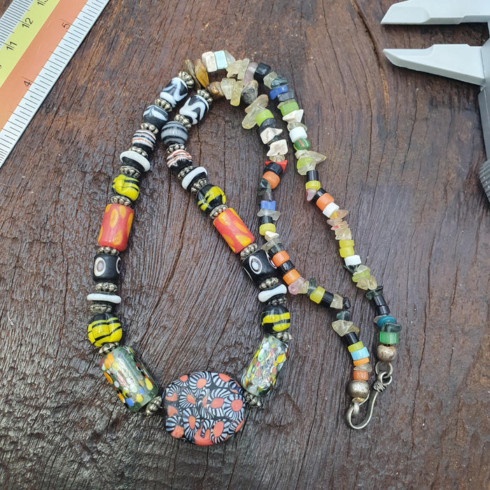 Venetian style Beads Necklace, Yellow Bumblebee Glass Jewelry, Unique Tribal Statement Piece, Earthy Boho Gift for Her, Artisan Glassware