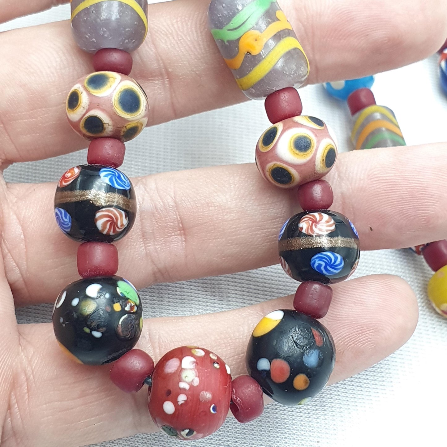 Venetian Style Mix Pattern Beads Necklace, 22 Inches Long, Handmade Vintage Glass Skunk Beads, Statement Jewelry, Unique Beaded Necklace