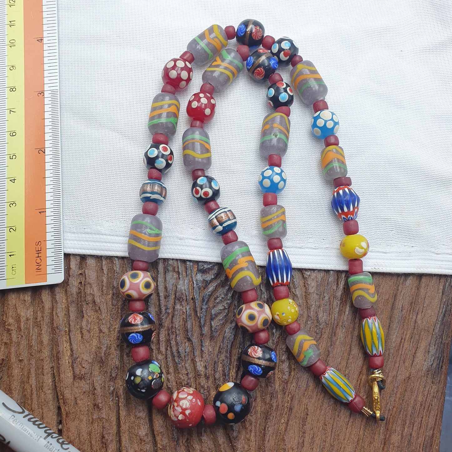 Venetian Style Mix Pattern Beads Necklace, 22 Inches Long, Handmade Vintage Glass Skunk Beads, Statement Jewelry, Unique Beaded Necklace