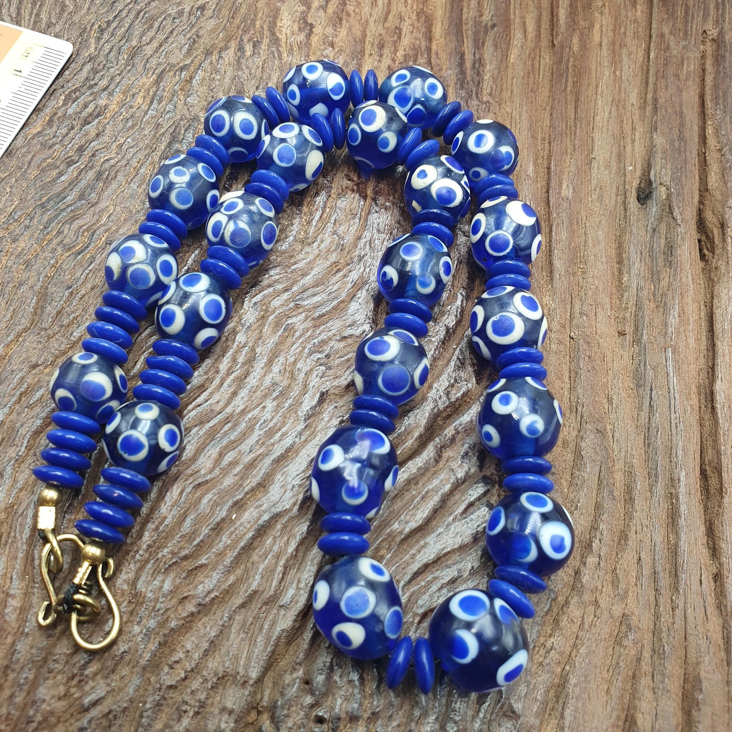 Venetian style Blue Polka dot beads Vintage Skunk beads necklace 14mm & 22 inches long