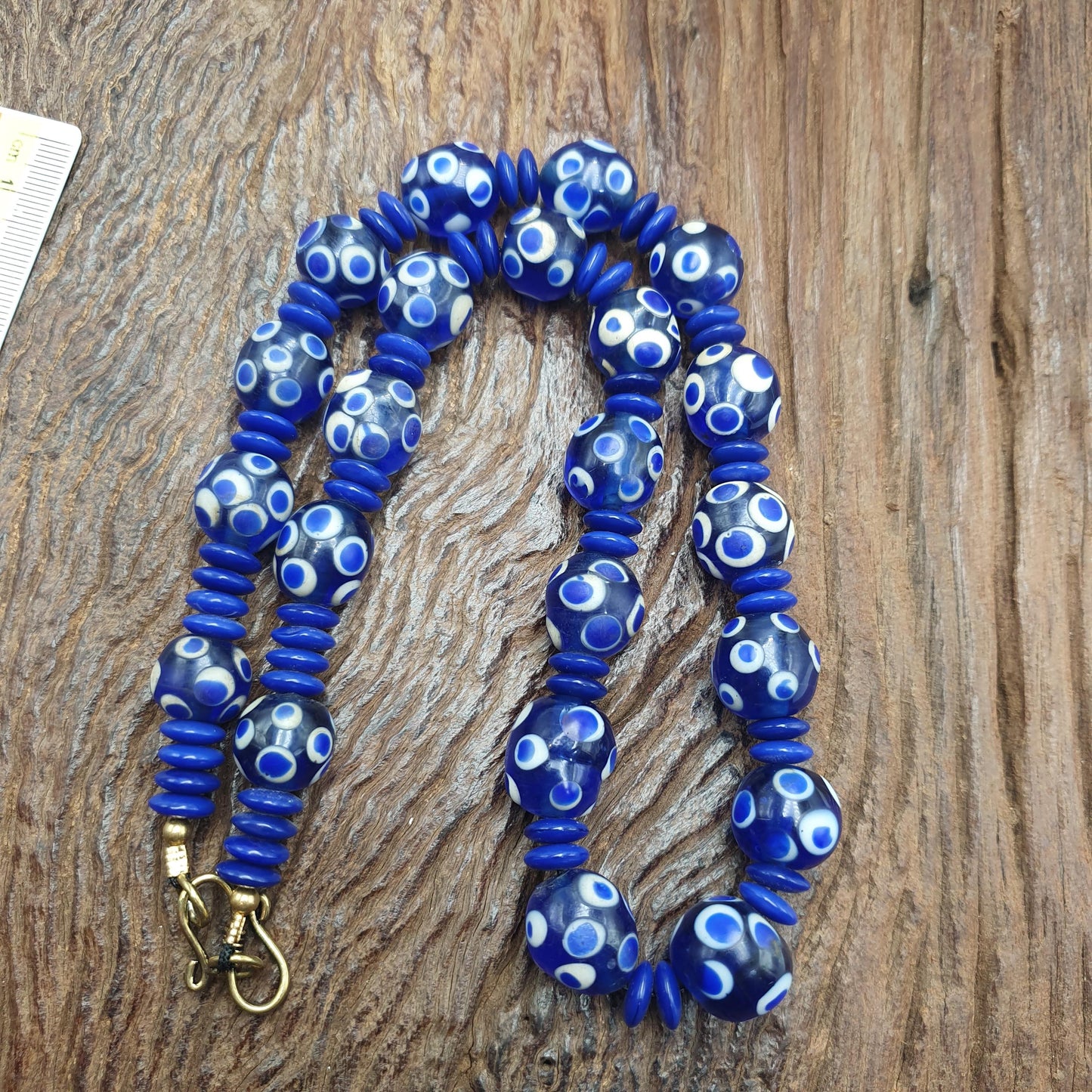 Venetian style Blue Polka dot beads Vintage Skunk beads necklace 14mm & 22 inches long