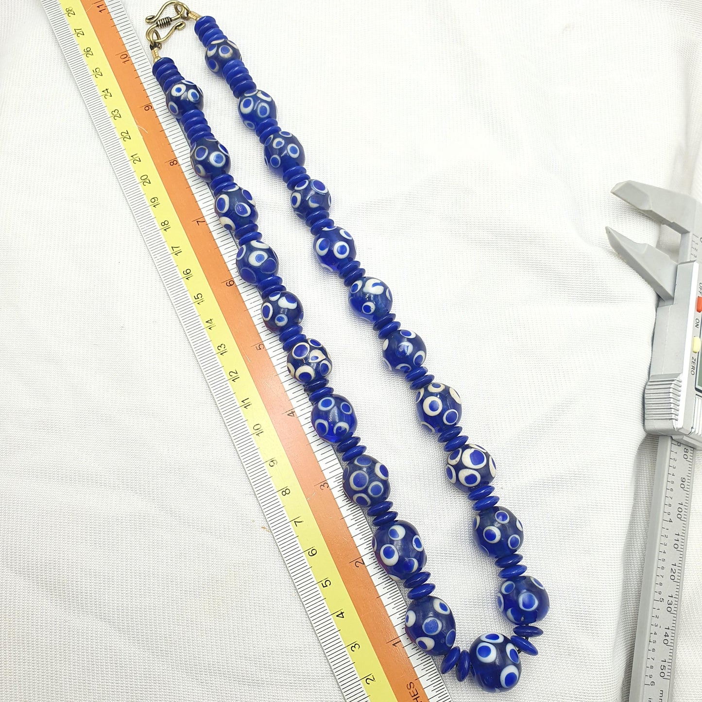Venetian style Blue Polka dot beads Vintage Skunk beads necklace 14mm & 22 inches long