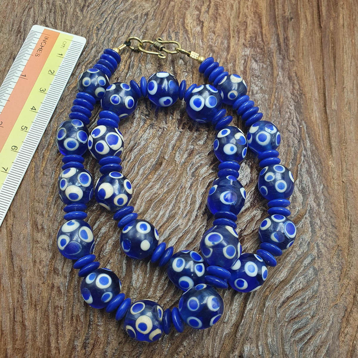 Venetian Style Blue, Boho Skunk Necklace | Glass Beads | 14Mm, 22 Inches, Vintage Whiteheart Accents, Polka Dot