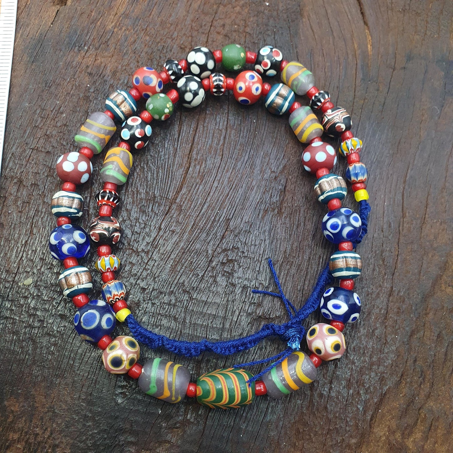 Venetian Style Mix Pattern Beads Necklace, 26 Inches Long, Handmade Vintage Glass Skunk Beads, Statement Jewelry, Unique Beaded Necklace