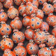 Large Red Millefiori Glass Bead Strand, African Style Round Blue Eye Accents, 16-17mm - Vintage Handmade