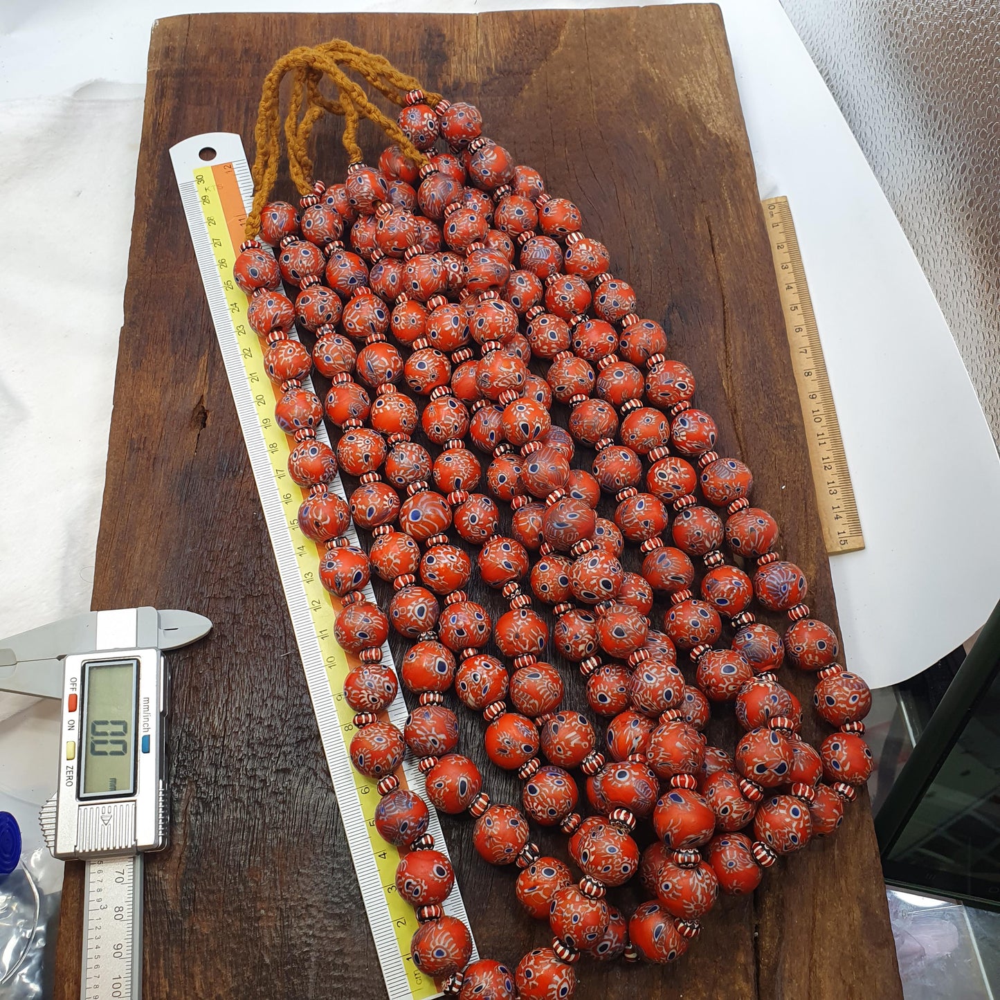 Large Red Millefiori Inspired Round Blue Eye Glass Beads African Style Strand, Handmade Vintage Beads, Beaded Necklace Jewelry Gift