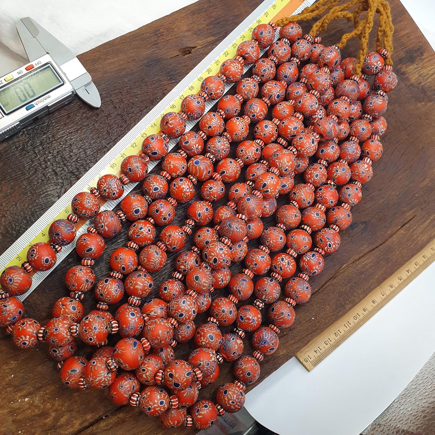 Large Red Millefiori Inspired Round Blue Eye Glass Beads African Style Strand, Handmade Vintage Beads, Beaded Necklace Jewelry Gift