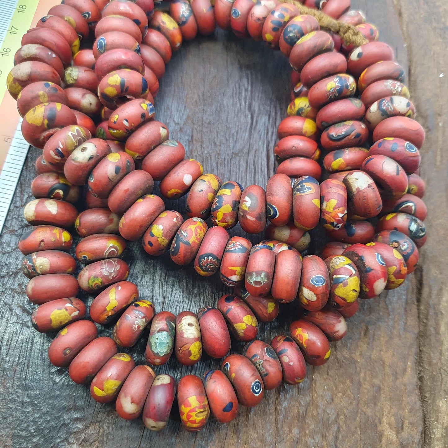 Red Mosaic Glass Disk Beads African Trade Style Rondelle Beads for Jewelry Making, Vintage Beads, Handmade Necklace and Bracelet Supplies