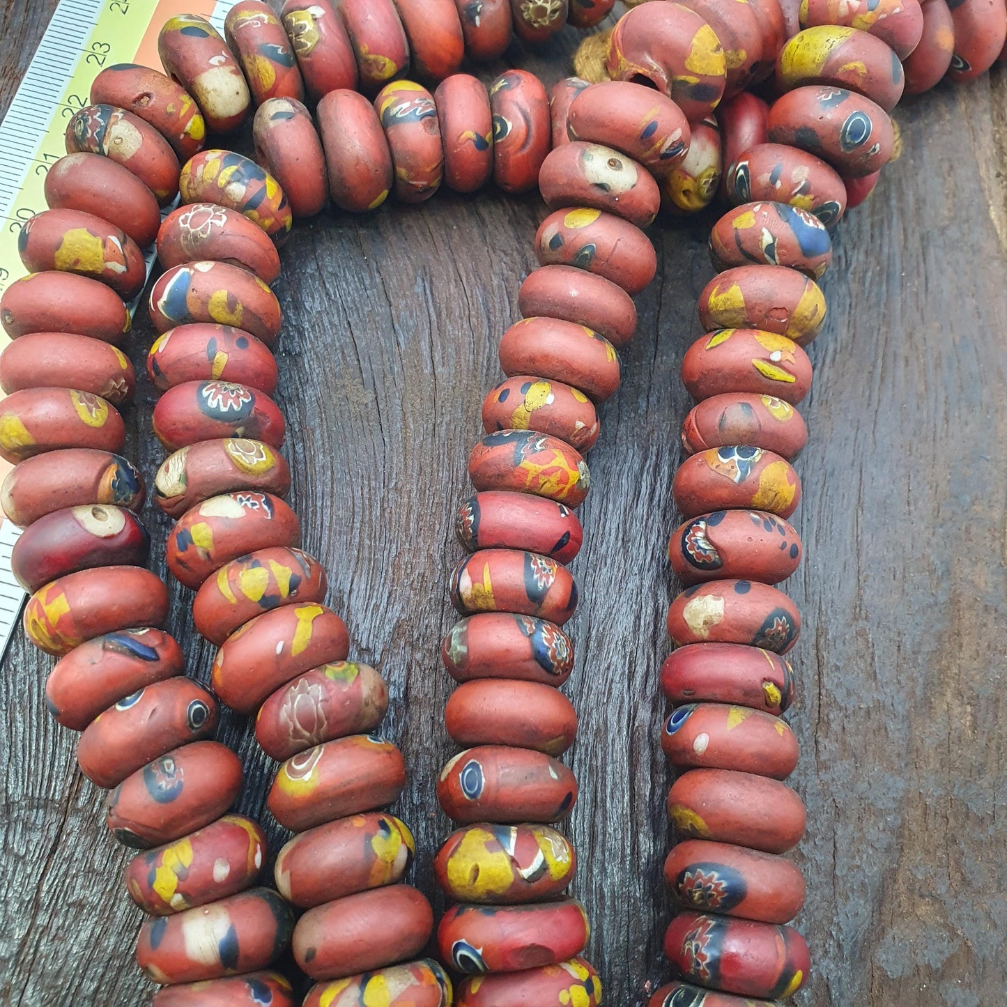 Red Mosaic Glass Disk Beads African Trade Style Rondelle Beads for Jewelry Making, Vintage Beads, Handmade Necklace and Bracelet Supplies