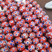 Venetian Style Red, African Trade Glass Round Blue White Eye Beads | Strand, Handcrafted For Jewelry