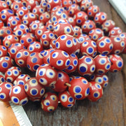 Venetian Style Red, African Trade Glass Round Blue White Eye Beads | Strand, Handcrafted For Jewelry