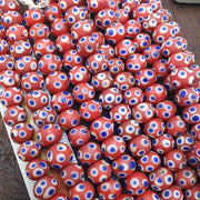 Venetian Style Red, African Trade Glass Round Blue White Eye Beads | Strand, Handcrafted For Jewelry