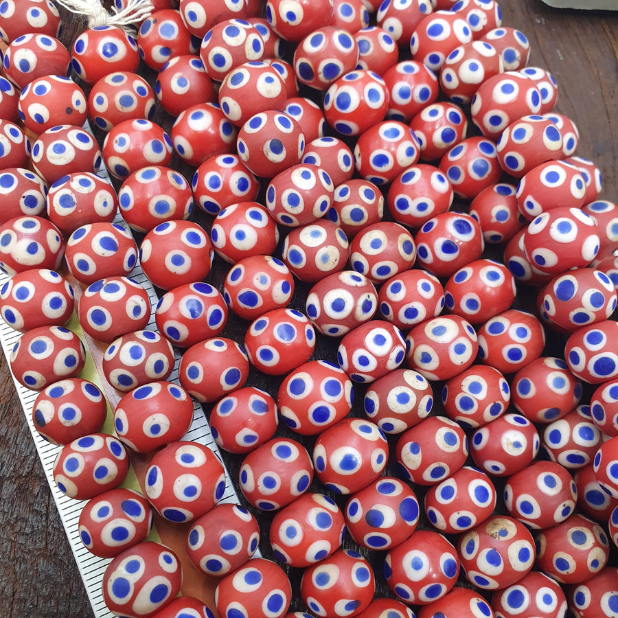 Venetian Style Red, African Trade Glass Round Blue White Eye Beads | Strand, Handcrafted For Jewelry