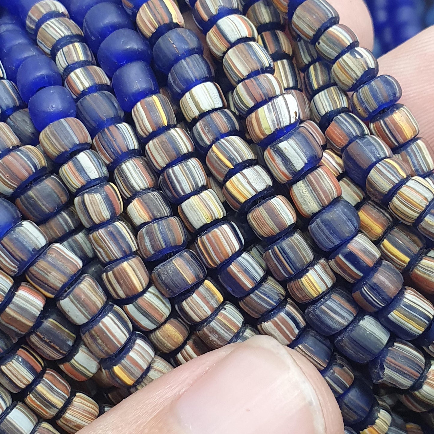 Blue African Trade Seed Beads Multi-Color Striped Strands Glass Feather Beads 25" long necklace