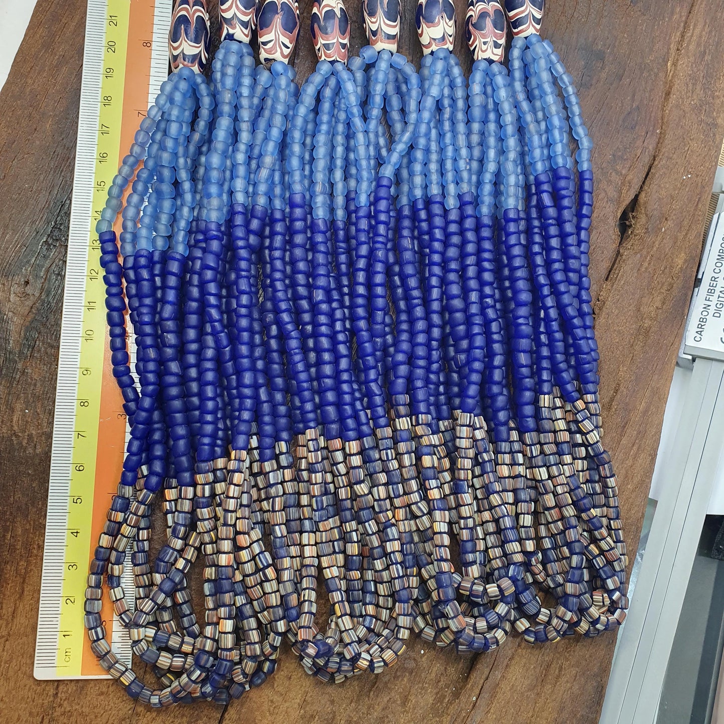 Blue African Trade Seed Beads Multi-Color Striped Strands Glass Feather Beads 25" long necklace